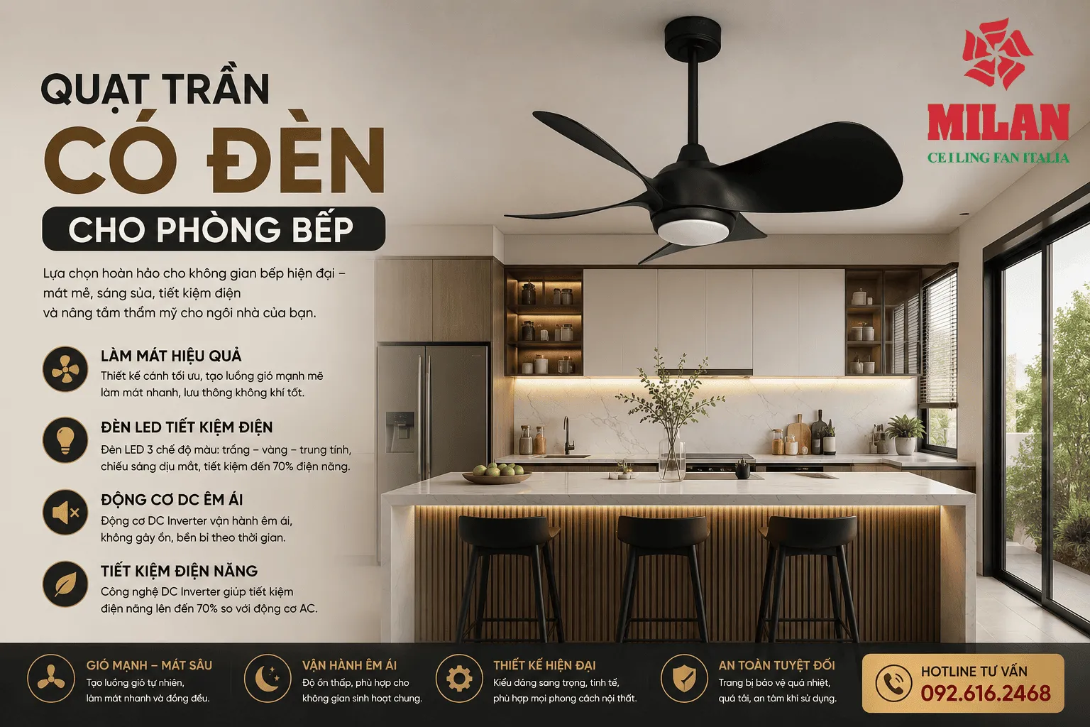 quạt trần đèn phòng bếp